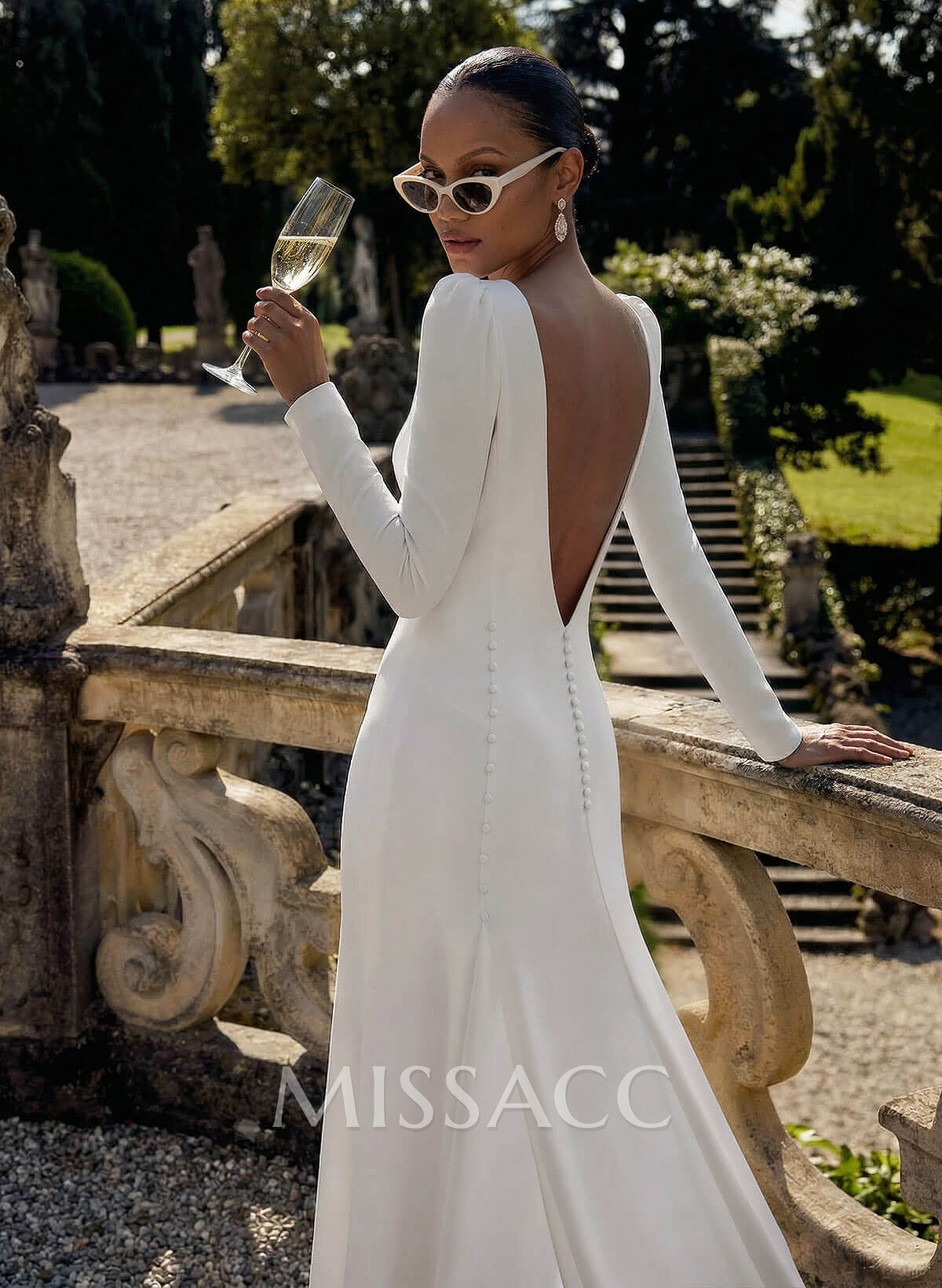 Elegant Scoop Neck Long Sleeves Open Back Chapel Train Elastic Satin Wedding Dresses