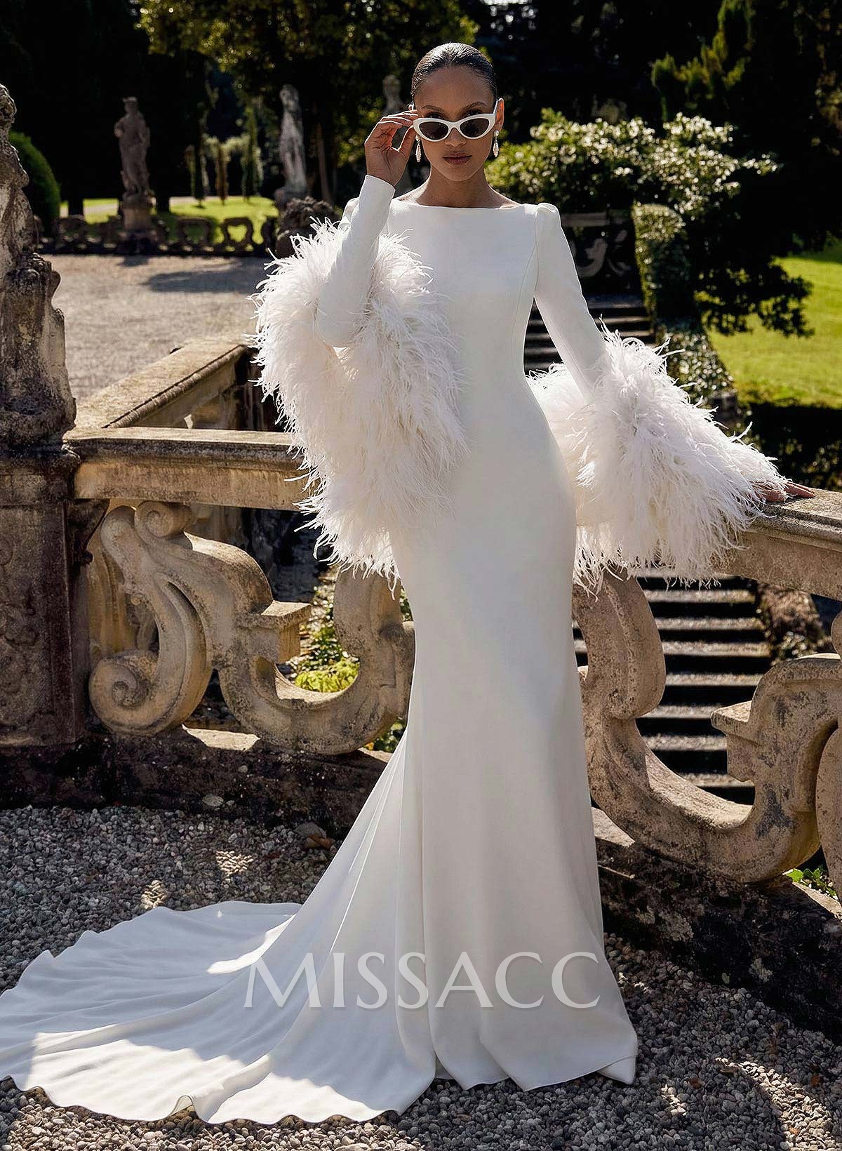 Elegant Scoop Neck Long Sleeves Open Back Chapel Train Elastic Satin Wedding Dresses
