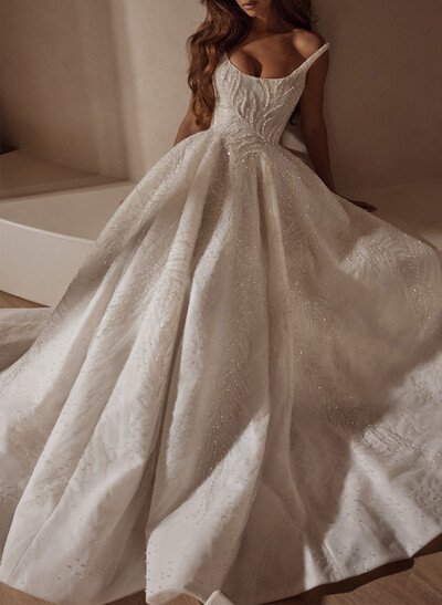 Sparkle & Shine Cowl Neck Ball-Gown Chapel Train Lace/Tulle Wedding Dresses With Beading/Sequins