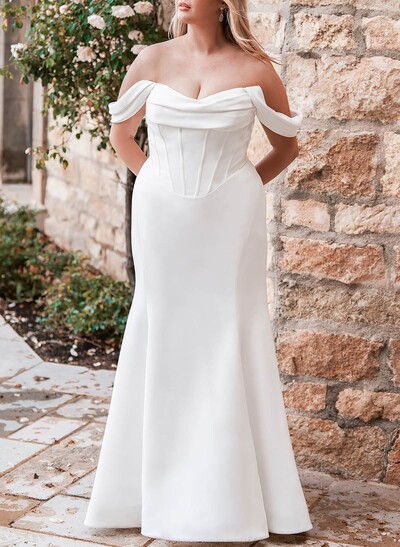Elegant Off-The-Shoulder Sleeveless Mermaid Sweep Train Matte Satin Wedding Dresses