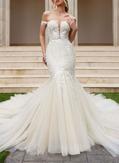 Elegant Off-The-Shoulder Sleeveless Mermaid Chapel Train Lace/Tulle Wedding Dresses
