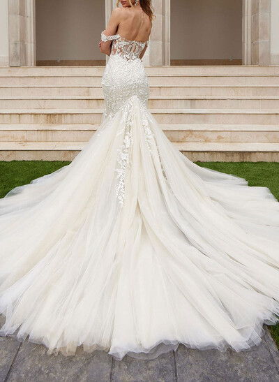 Elegant Off-The-Shoulder Sleeveless Mermaid Chapel Train Lace/Tulle Wedding Dresses