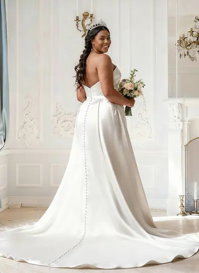 Trumpet/Mermaid Strapless Sleeveless Sweep Train Matte Satin Wedding Dresses With High Split