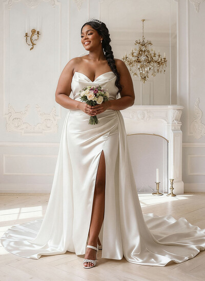 Trumpet/Mermaid Strapless Sleeveless Sweep Train Matte Satin Wedding Dresses With High Split