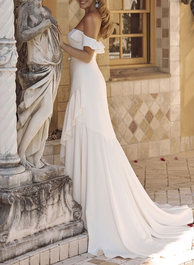 Elegant Off-The-Shoulder Detachable Straps Mermaid Asymmetrical Length Elastic Satin Wedding Dresses With Cascading Ruffles