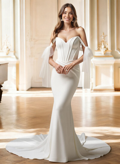 Trumpet/Mermaid Off-The-Shoulder Sleeveless Sweep Train Elastic Satin Wedding Dresses