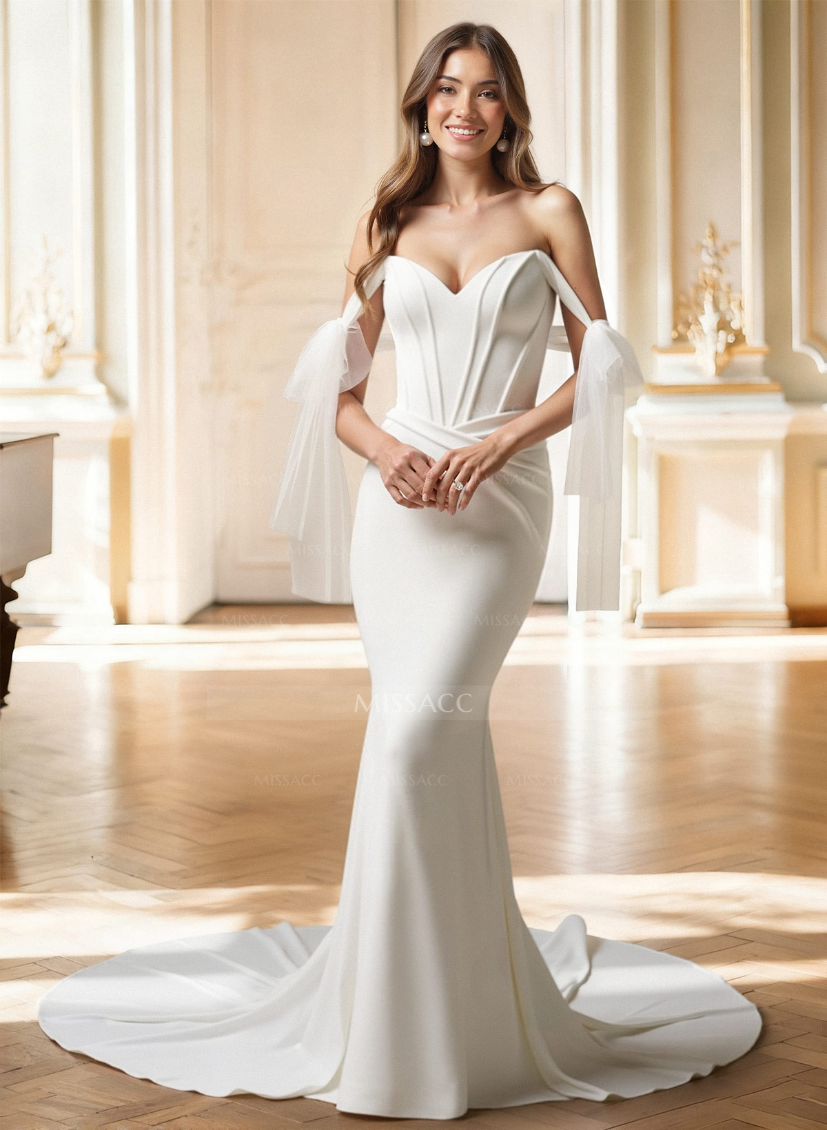 Trumpet/Mermaid Off-The-Shoulder Sleeveless Sweep Train Elastic Satin Wedding Dresses