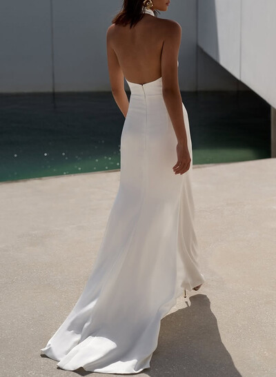 Elegant Halter Sleeveless Open Back High Split Sweep Train Stretch Satin Wedding Dresses
