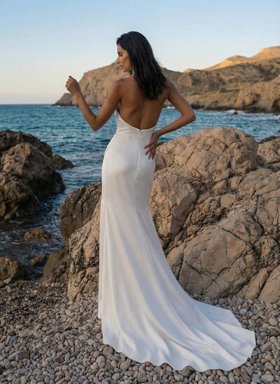 Elegant Halter Sleeveless Open Back High Split Sweep Train Stretch Satin Wedding Dresses