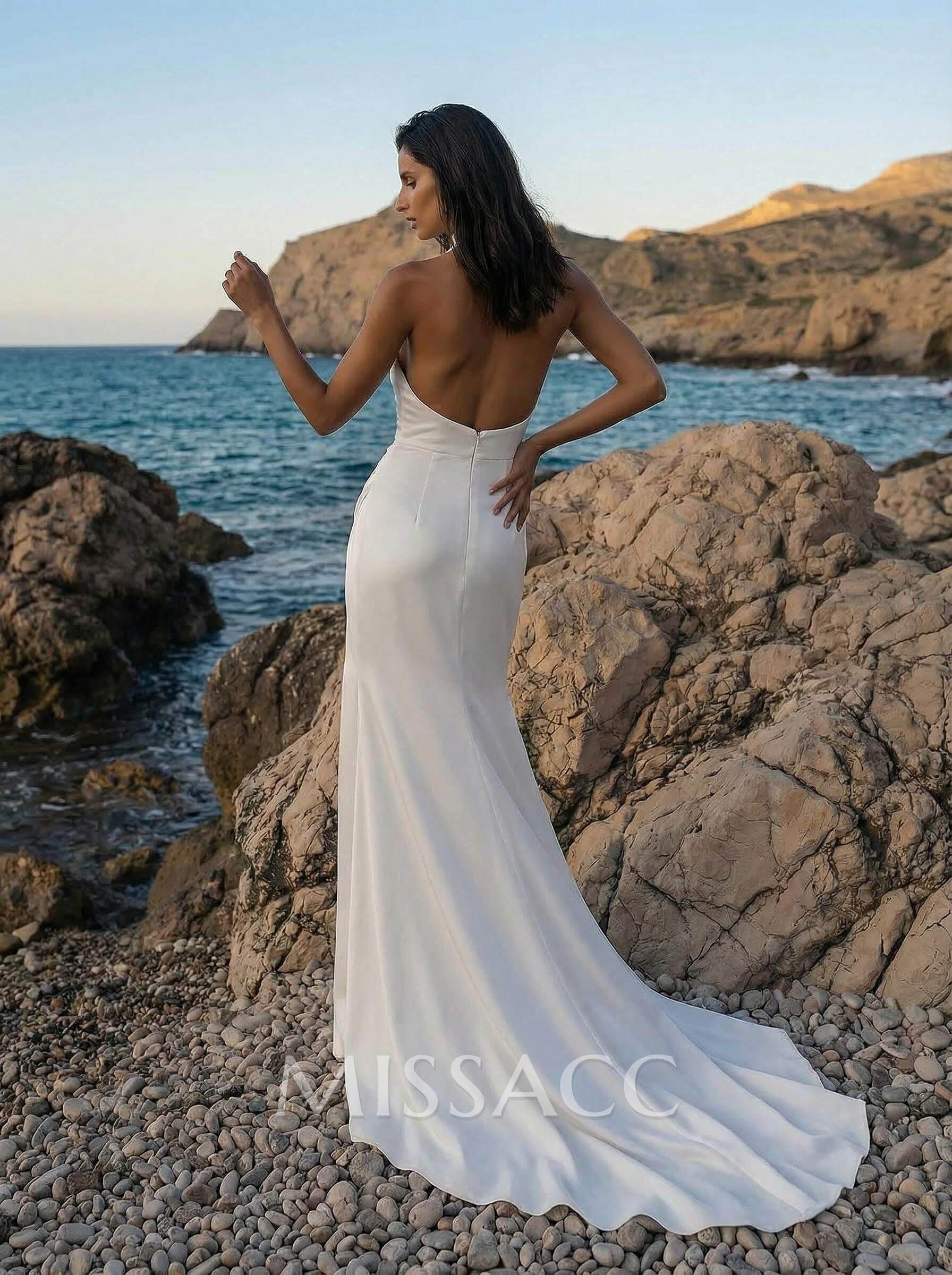 Sheath/Column Halter Sleeveless Sweep Train Matte Satin Wedding Dresses With High Split