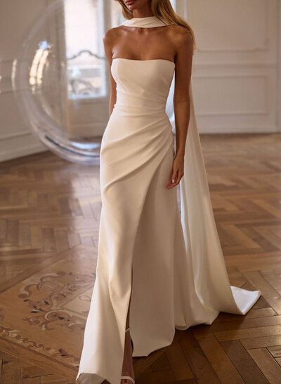 Elegant Strapless Sleeveless Sweep Train Elastic Satin Wedding Dresses With High Split
