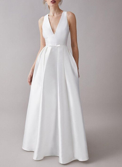 Elegant Plunge Neck Sleeveless A-Line Floor-Length Matte Satin Wedding Dresses With Bow(s)