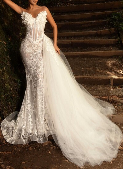 Luxury Sweetheart Mermaid Sweep Train Lace/Tulle Wedding Dresses With Sequins/Sweeping Side Drape
