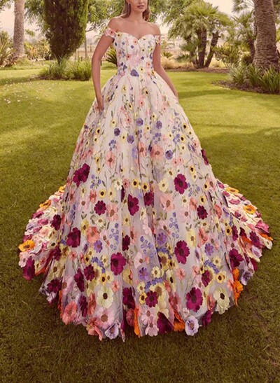 A-Line Off-The-Shoulder Sleeveless Court Train Wedding Dresses With Flower(s)