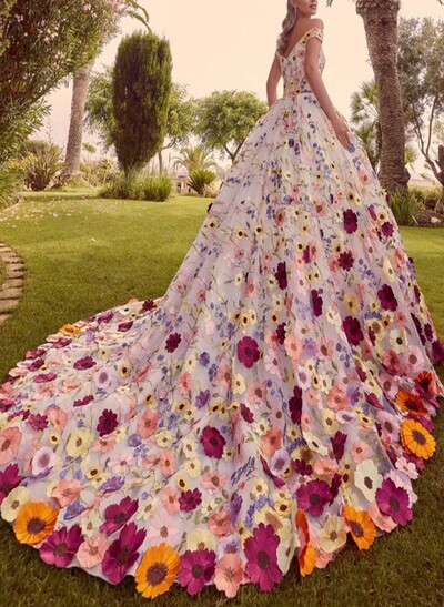 A-Line Off-The-Shoulder Sleeveless Court Train Wedding Dresses With Flower(s)