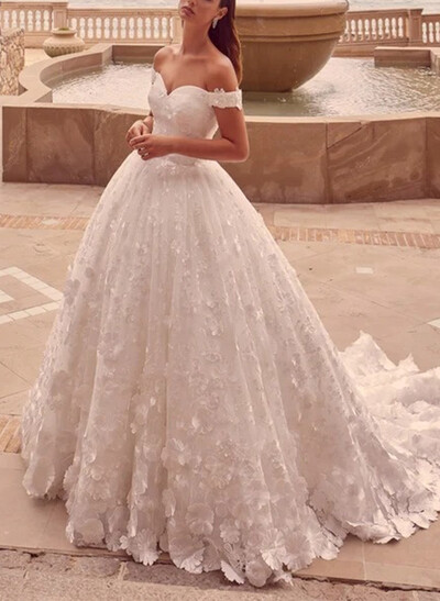 A-Line Off-The-Shoulder Sleeveless Court Train Wedding Dresses With Flower(s)