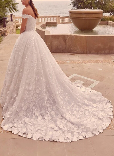 A-Line Off-The-Shoulder Sleeveless Court Train Wedding Dresses With Flower(s)