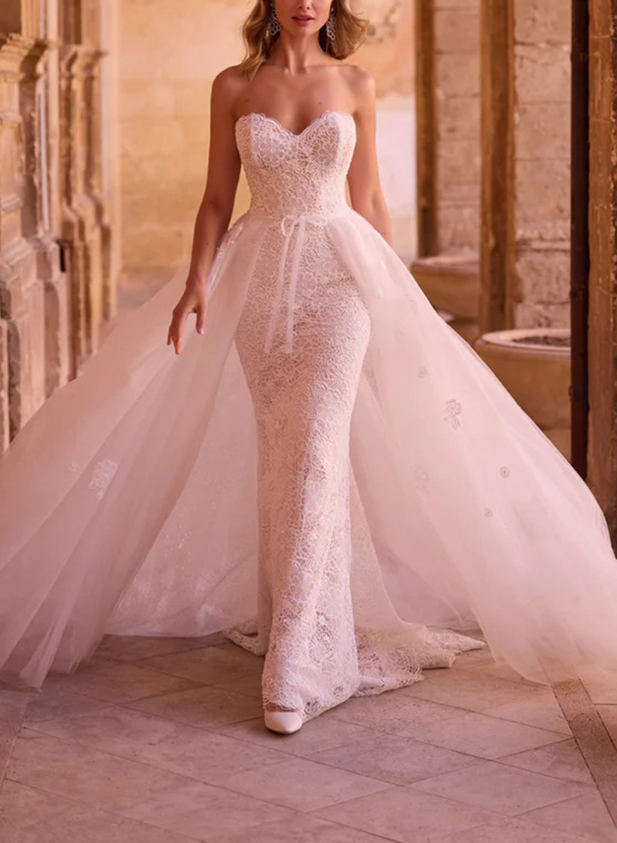 Sheath/Column Sweetheart Sleeveless Sweep Train Wedding Dresses With Overskirt Dress