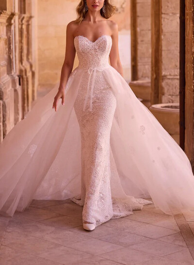 Sheath/Column Sweetheart Sleeveless Sweep Train Wedding Dresses With Overskirt Dress