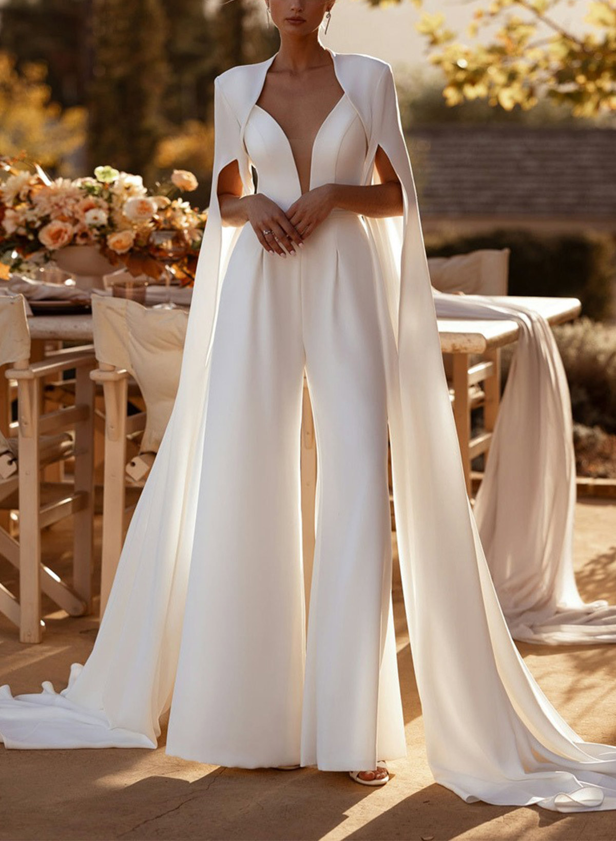 Jumpsuit/Pantsuit Plunge Neck Cape Sleeves Floor-Length Elastic Satin Wedding Dresses