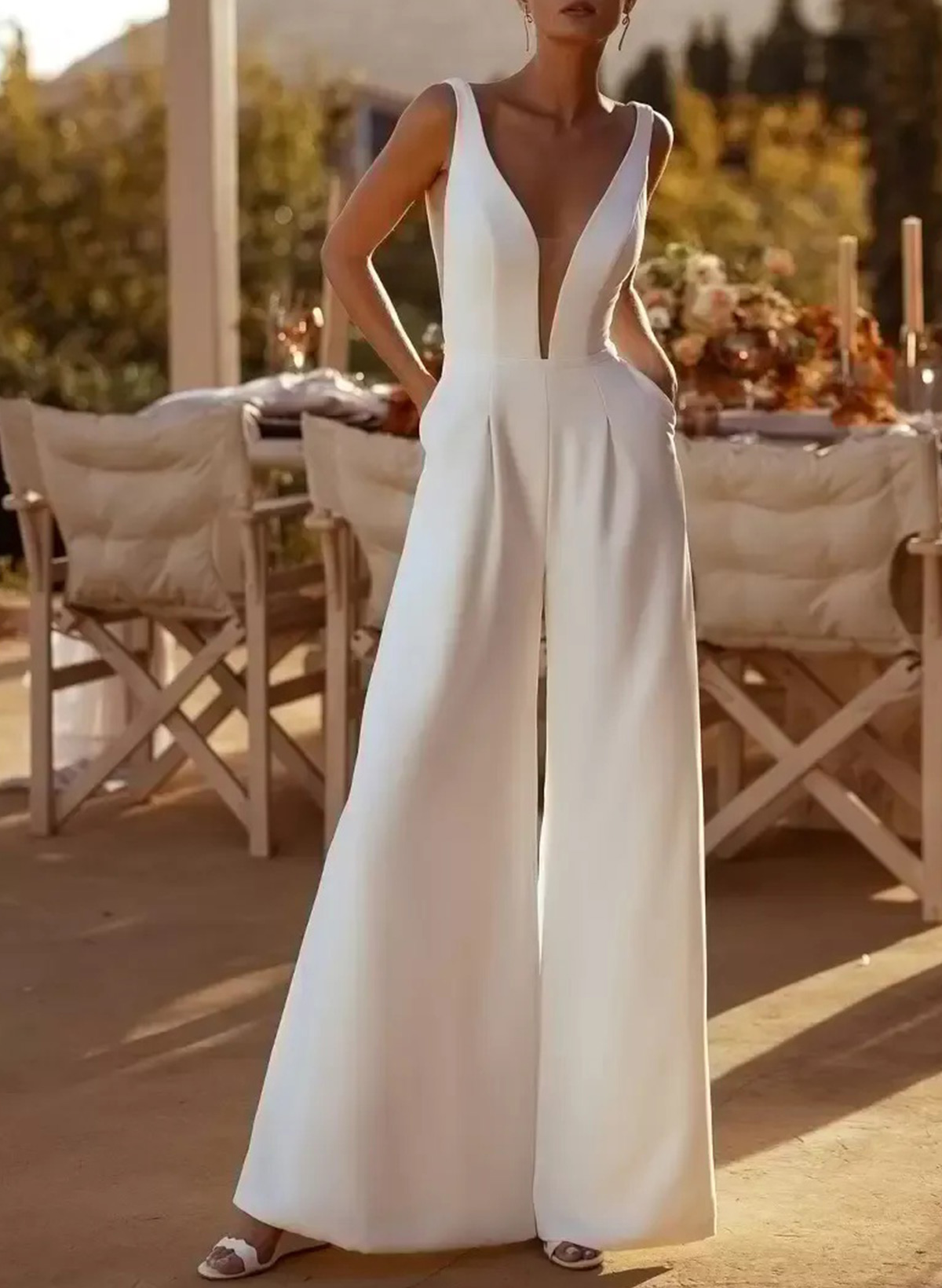 Jumpsuit/Pantsuit Plunge Neck Cape Sleeves Floor-Length Elastic Satin Wedding Dresses