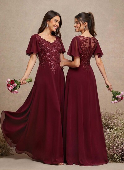 V-Neck Lace Sleeves A-Line Bridesmaid Dresses