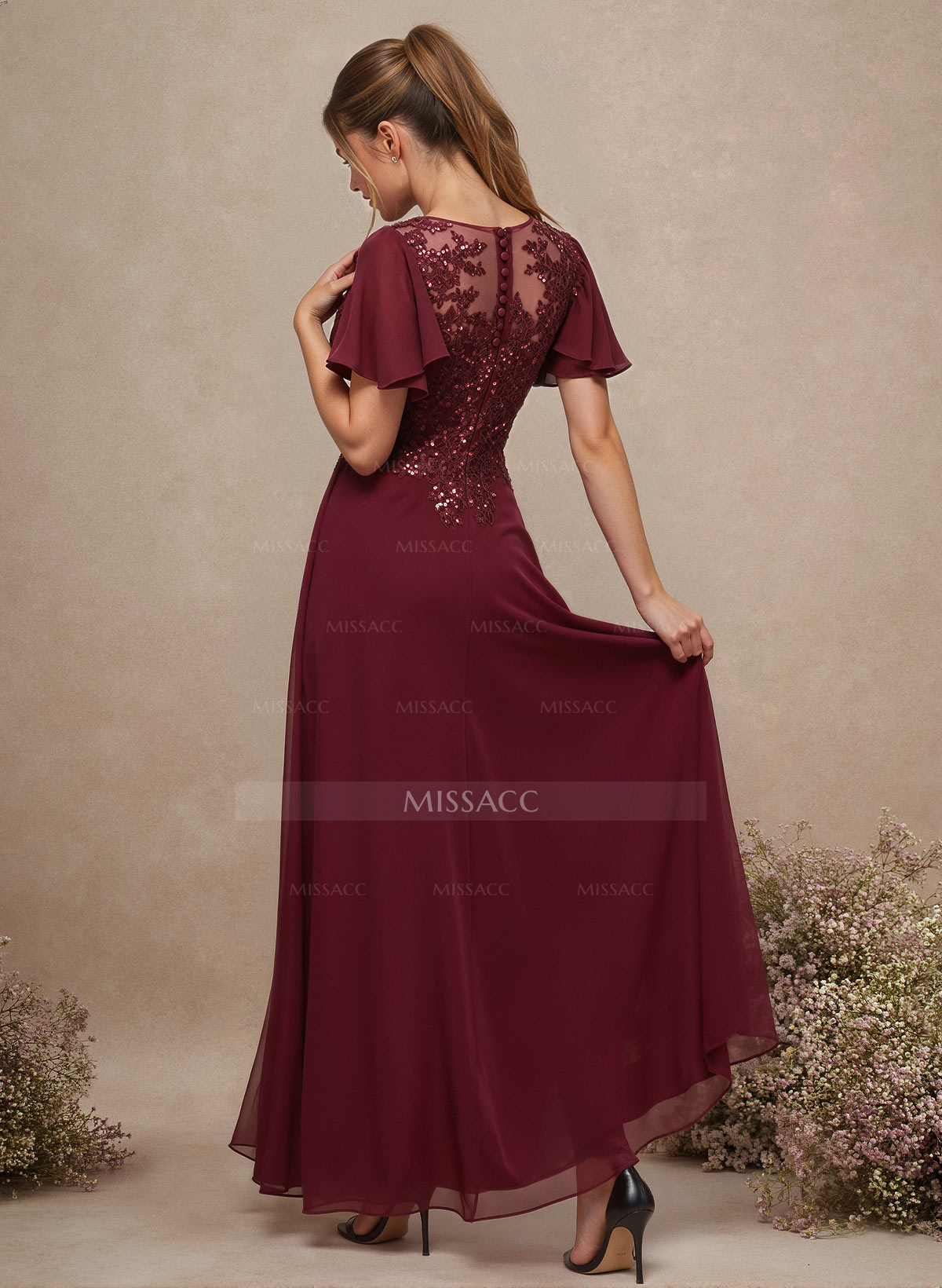 V-Neck Lace Sleeves A-Line Bridesmaid Dresses