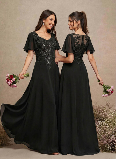 V-Neck Lace Sleeves A-Line Bridesmaid Dresses