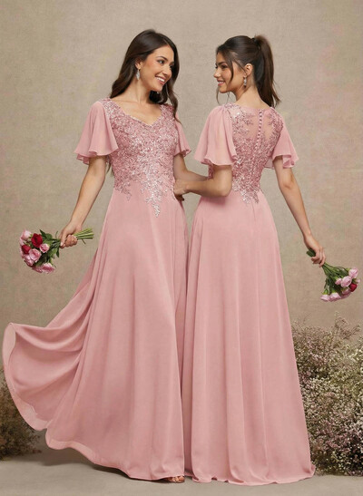 V-Neck Lace Sleeves A-Line Bridesmaid Dresses
