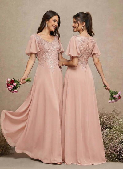 V-Neck Lace Sleeves A-Line Bridesmaid Dresses