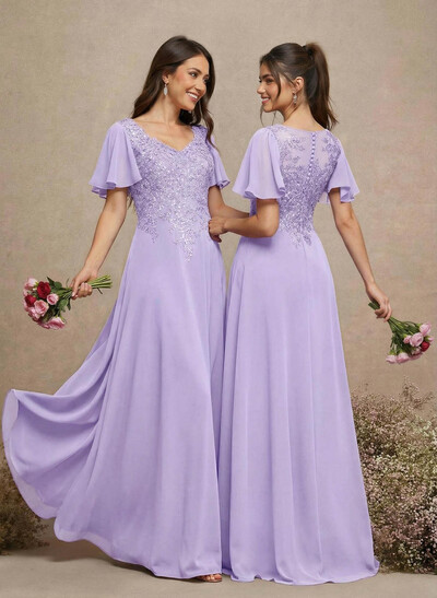 V-Neck Lace Sleeves A-Line Bridesmaid Dresses
