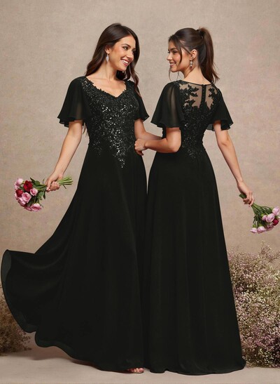 V-Neck Lace Sleeves A-Line Bridesmaid Dresses