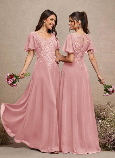 V-Neck Lace Sleeves A-Line Bridesmaid Dresses