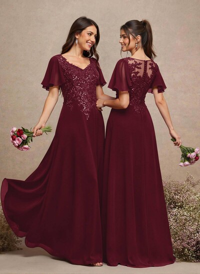 V-Neck Lace Sleeves A-Line Bridesmaid Dresses