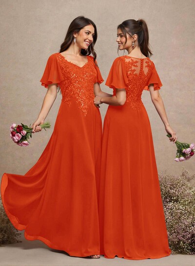 V-Neck Lace Sleeves A-Line Bridesmaid Dresses