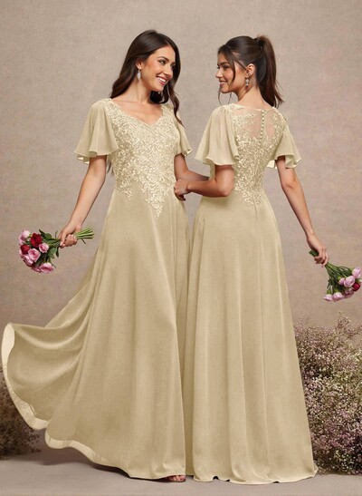 V-Neck Lace Sleeves A-Line Bridesmaid Dresses