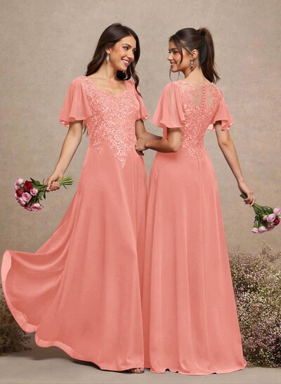 V-Neck Lace Sleeves A-Line Bridesmaid Dresses