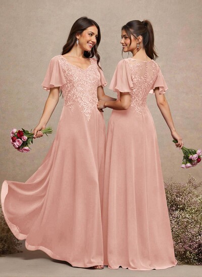 V-Neck Lace Sleeves A-Line Bridesmaid Dresses