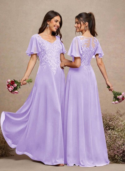 V-Neck Lace Sleeves A-Line Bridesmaid Dresses