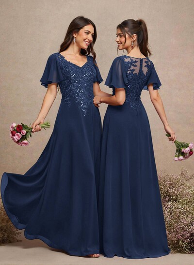 V-Neck Lace Sleeves A-Line Bridesmaid Dresses