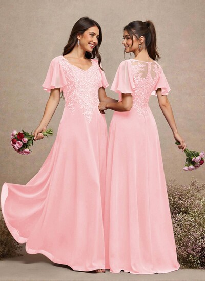 V-Neck Lace Sleeves A-Line Bridesmaid Dresses