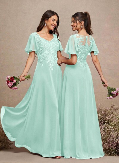 V-Neck Lace Sleeves A-Line Bridesmaid Dresses