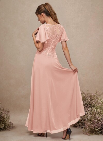 V-Neck Lace Sleeves A-Line Bridesmaid Dresses