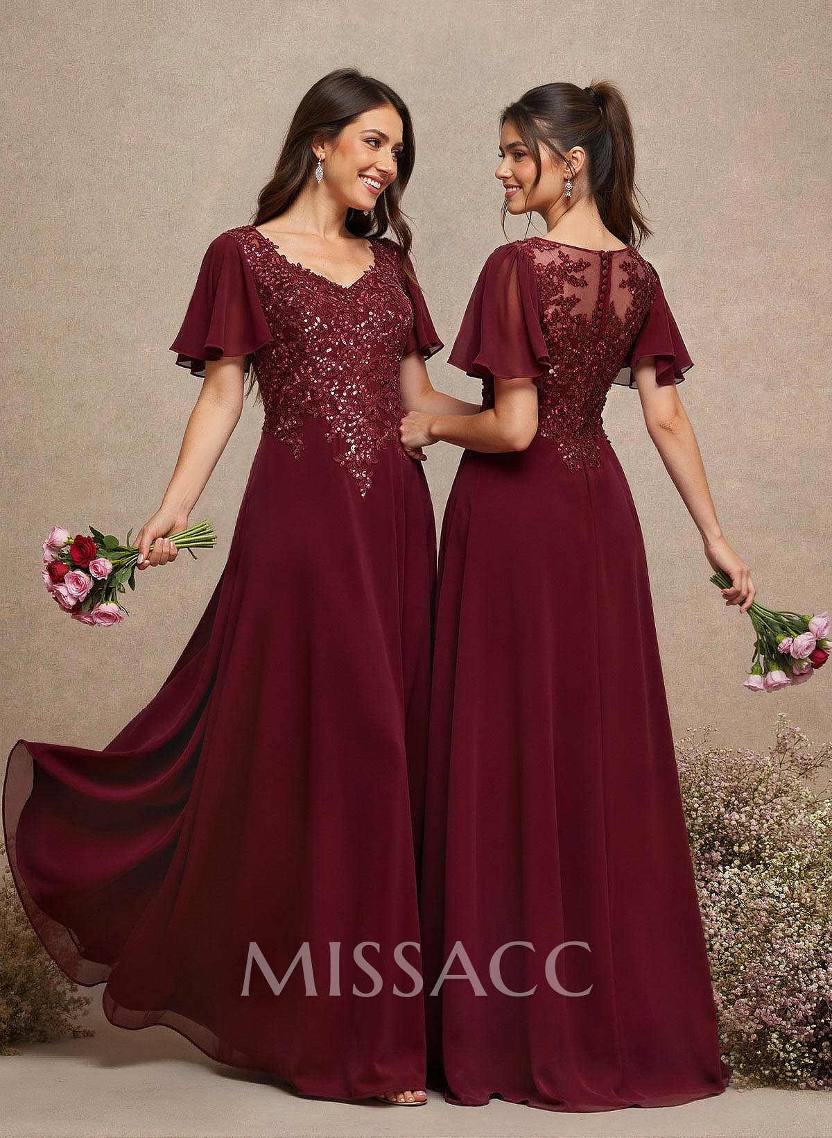 V-Neck Lace Sleeves A-Line Bridesmaid Dresses