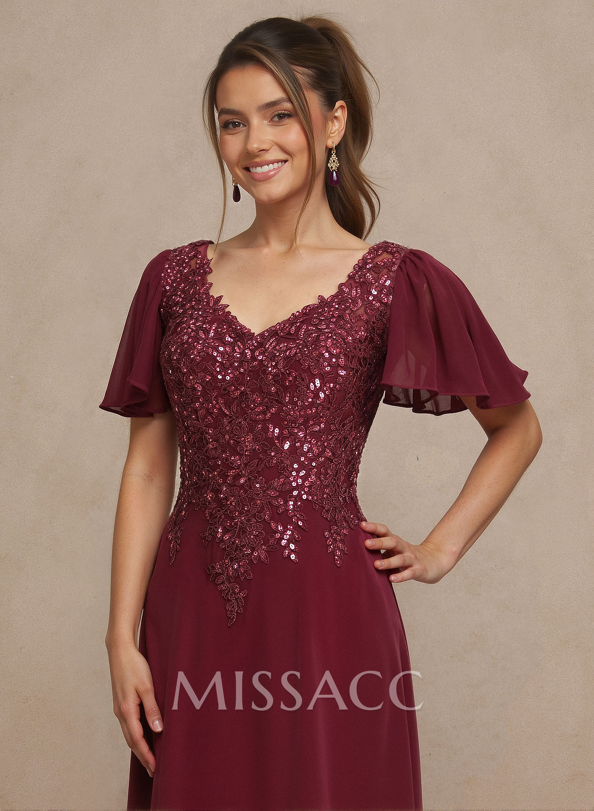V-Neck Lace Sleeves A-Line Bridesmaid Dresses