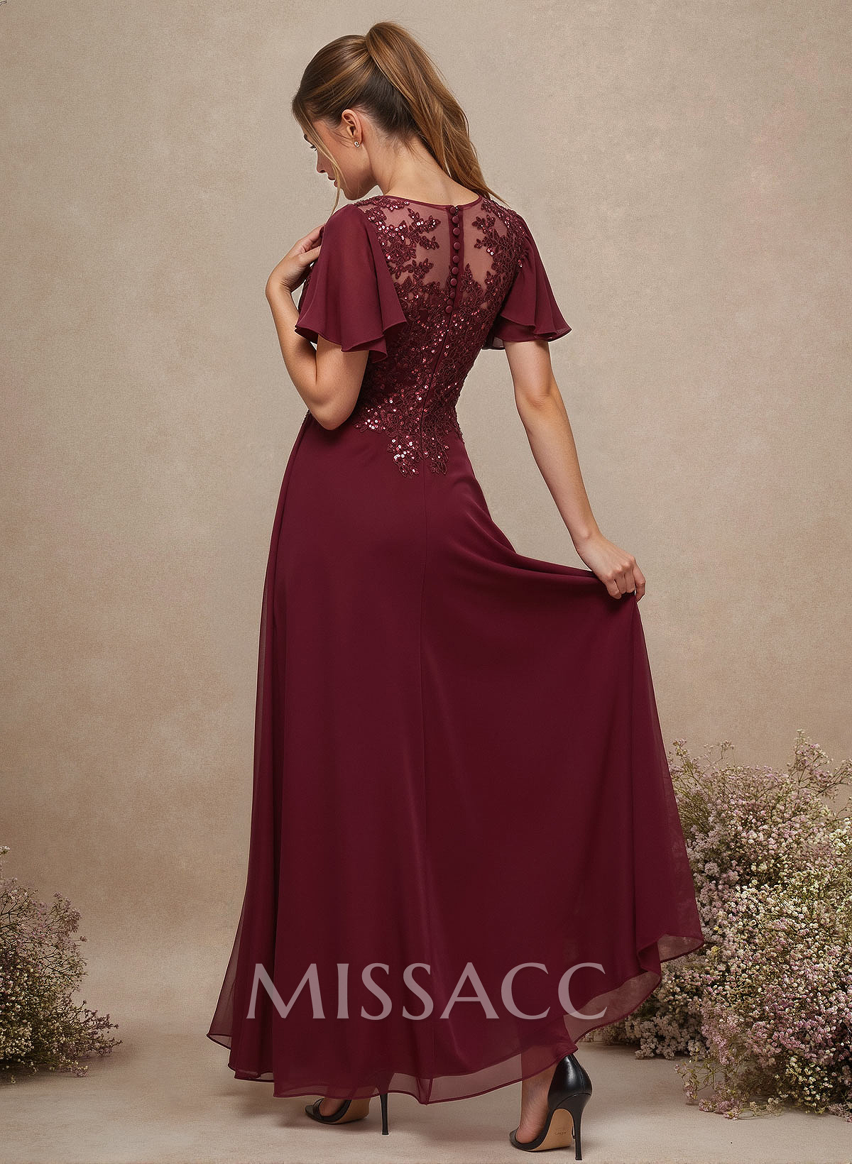 V-Neck Lace Sleeves A-Line Bridesmaid Dresses