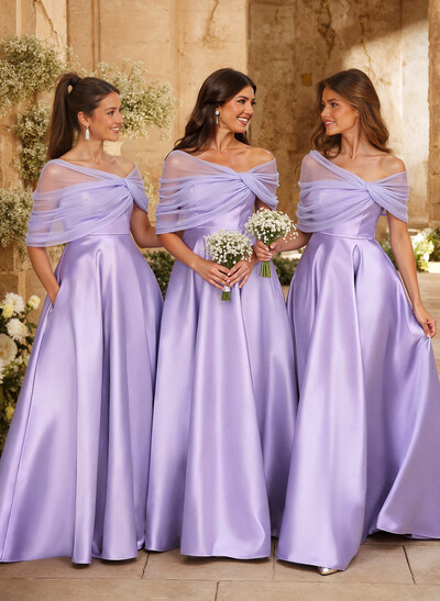 A-Line Asymmetrical Short Sleeves Sweep Train Satin Tulle Bridesmaid Dresses With Sweeping Side Drape