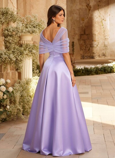A-Line Asymmetrical Short Sleeves Sweep Train Satin Tulle Bridesmaid Dresses With Sweeping Side Drape