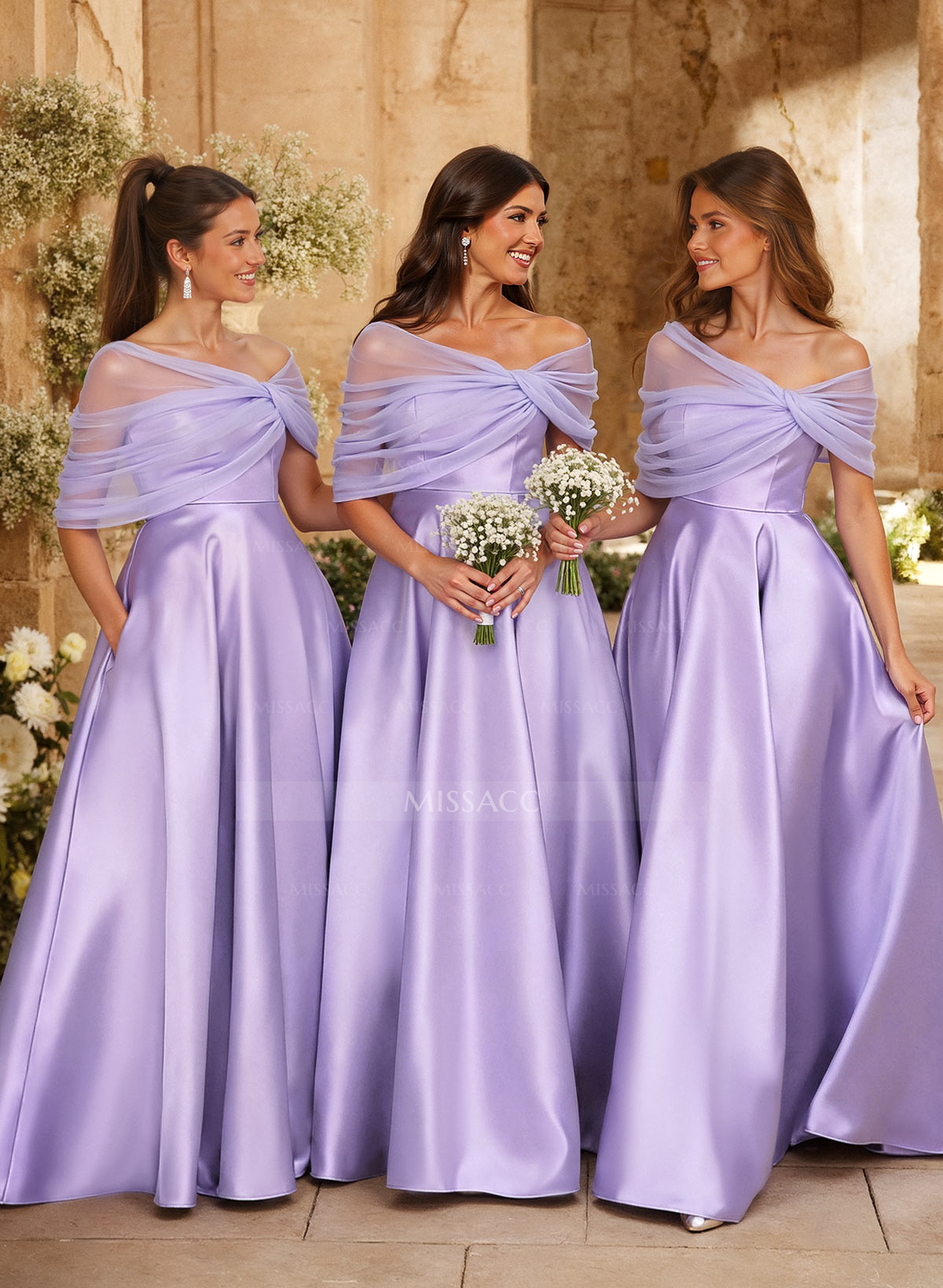 A-Line Asymmetrical Short Sleeves Sweep Train Satin Tulle Bridesmaid Dresses With Sweeping Side Drape