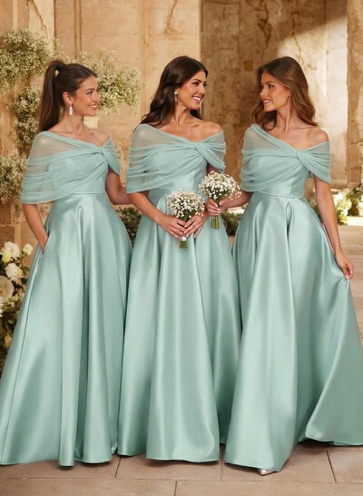 A-Line Asymmetrical Short Sleeves Sweep Train Satin Tulle Bridesmaid Dresses With Sweeping Side Drape